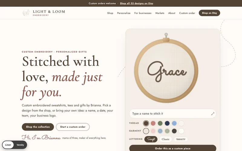 Light & Loom Embroidery website