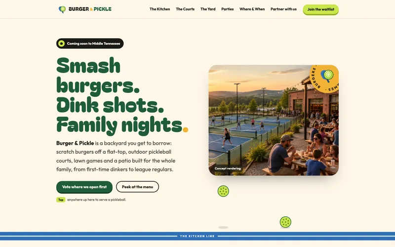 Burgers & pickleball website, design example