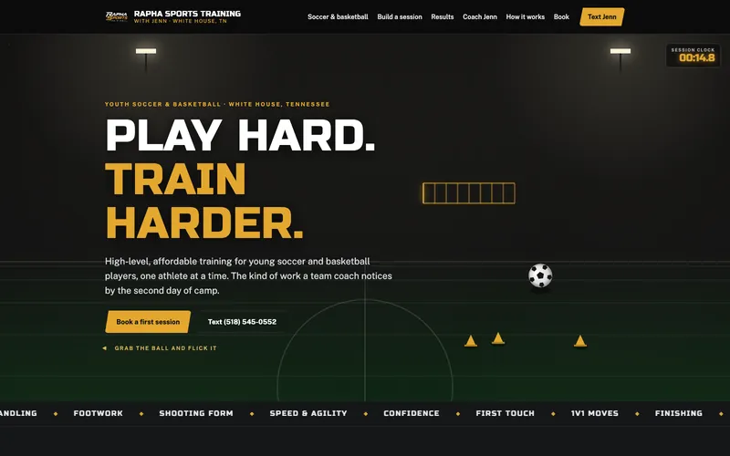 Youth sports training website, design example